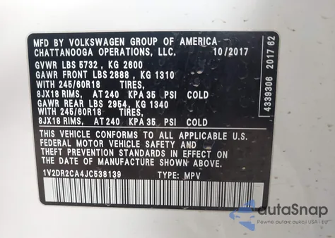 2018 Volkswagen Atlas 3.6L V6 Se/3.6L V6 Se W/Technology from USA, damaged, VIN 1V2DR2CA4JC538139
